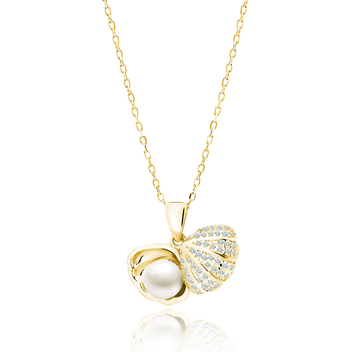 Gold-plated, Silver Necklace Seashell With A Pearl And White Zirconias Z1780NG_W