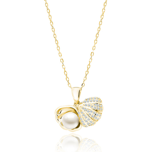 Gold-plated, Silver Necklace Seashell With A Pearl And White Zirconias Z1780NG_W